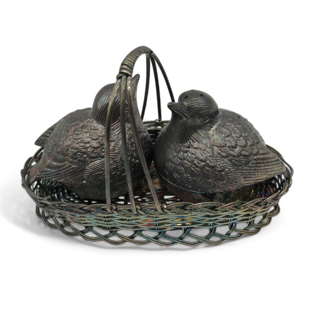 SALT and PEPPER Shaker Bird Set With Woven Metal Basket Holder Vintage